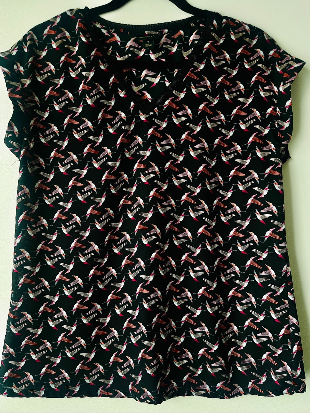 Worthington Black Short Sleeve Women's Top with Pink & White Bird Print